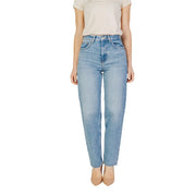 Women’s blue plain light-wash denim jeans with high-rise fit, straight-leg cut, and functional pockets