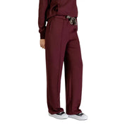 Maroon satin trousers with leopard-print belt loop for fall winter