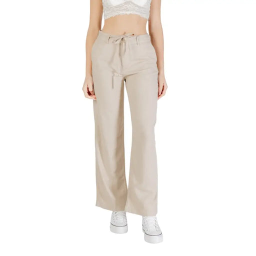 Women’s beige linen viscose high-waisted trousers with drawstring elastic waist and front pockets