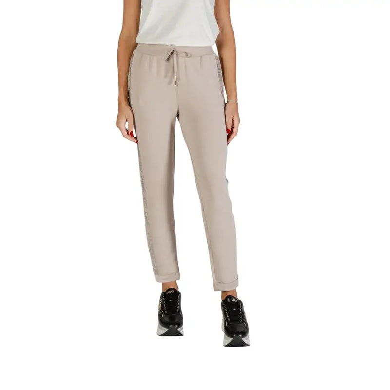Women’s light brown drawstring joggers with side stripes from Liu Jo Women Trousers in Black Print with Lace Details