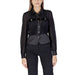 Women black long-sleeve button-up blouse with pleated details and satin waist panel