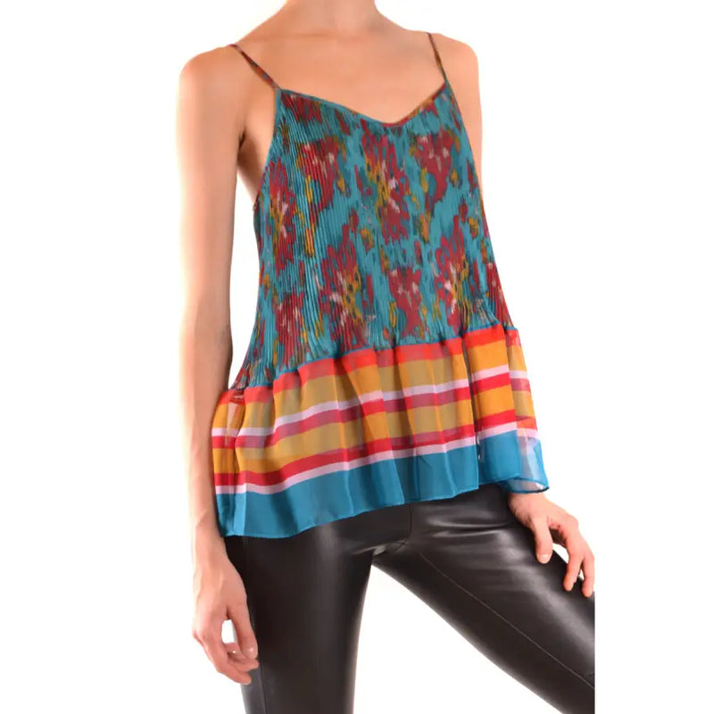 Women’s pleated camisole top with Ikat pattern, striped panel, and ruffled hem
