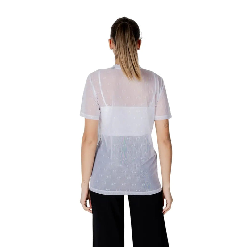 Women’s sheer white mesh top with solid white band across chest and subtle pattern on lower half