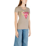 Women’s light brown short-sleeve crewneck T-shirt with floral Guess logo for Spring Summer