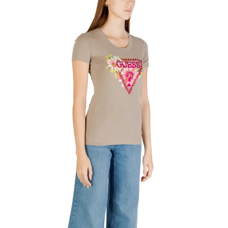 Women’s light brown short-sleeve crewneck T-shirt with floral Guess logo for Spring Summer