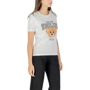 Women’s white short-sleeve round neck T-shirt with cartoon teddy bear and JUST KEEP SMILING graphic