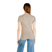 Women’s short-sleeved fitted light brown cotton T-shirt with black triangular logo