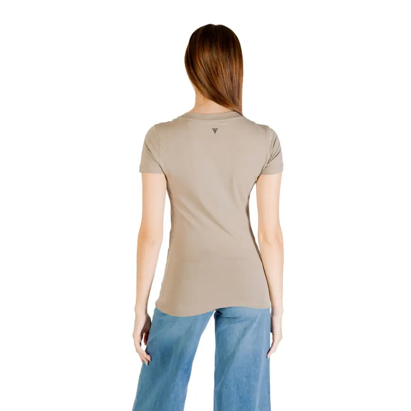 Women’s short-sleeved fitted light brown cotton T-shirt with black triangular logo