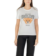 Women’s white short-sleeved T-shirt with teddy bear graphic and round neck for women