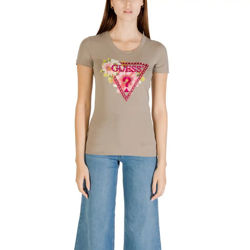 Women’s taupe T-shirt with pink floral Guess logo from Guess Women Green Spring Summer collection