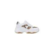 Women’s white and brown patterned chunky slip-on sneakers with metallic silver heel accent