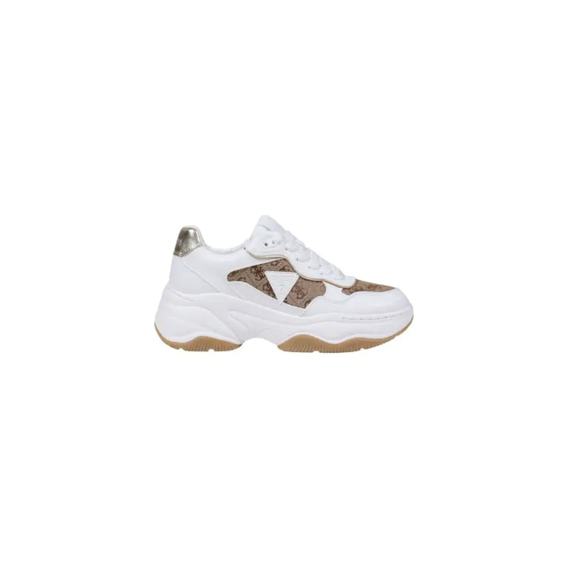 Women’s white and brown patterned chunky slip-on sneakers with metallic silver heel accent