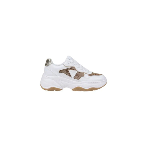 Women’s white and brown patterned chunky slip-on sneakers with metallic silver heel accent
