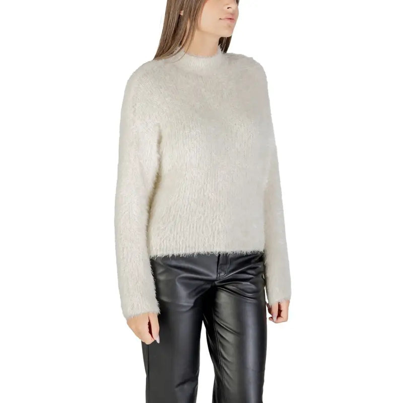 Women’s cream-colored fluffy knit sweater from Womens White Long Round Neck Knitwear for Fall Winter