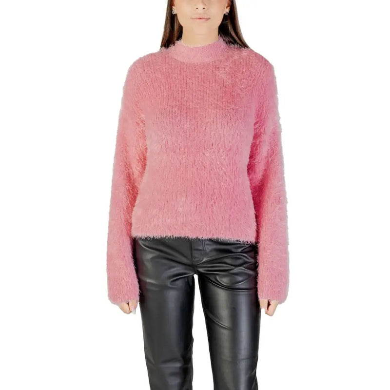 Women’s fuzzy pink mock neck sweater with long sleeves, ideal for fall winter wear