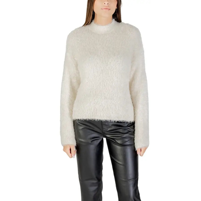 Cream fluffy knit mock-neck sweater for women, ideal for fall and winter wear