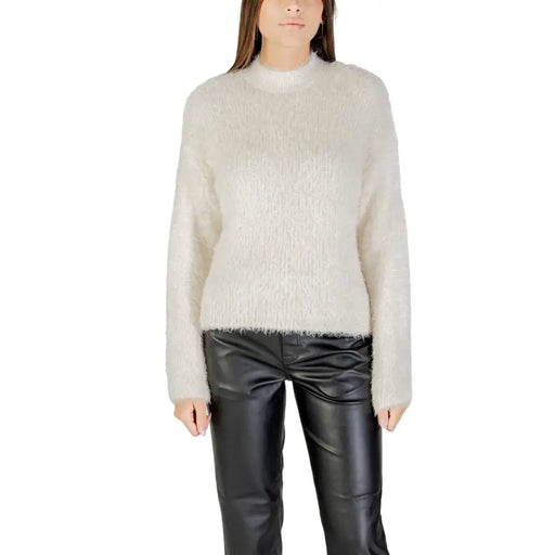 Cream fluffy knit mock-neck sweater for women, ideal for fall and winter wear