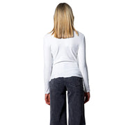 Women’s white long sleeve round neck t-shirt with ribbed texture and slightly flared hem in soft fabric