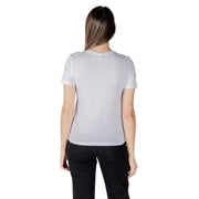 White short-sleeved organic cotton t-shirt for women with a simple crew neck design and printed detail