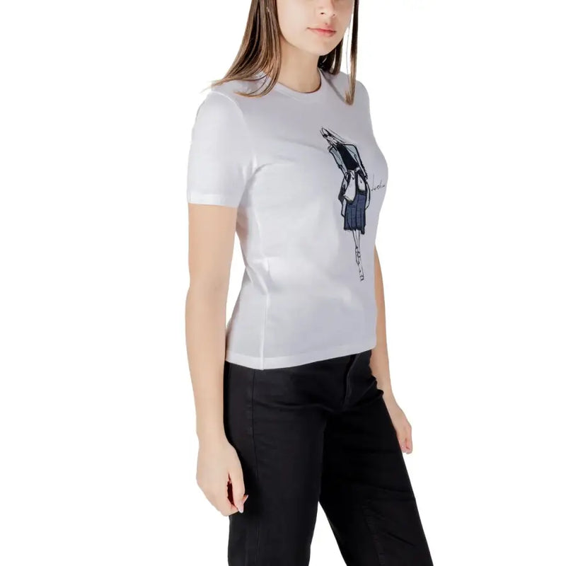 Women’s white organic cotton t-shirt with short sleeves featuring a black line-art illustration of a stylized figure in skirt and jacket