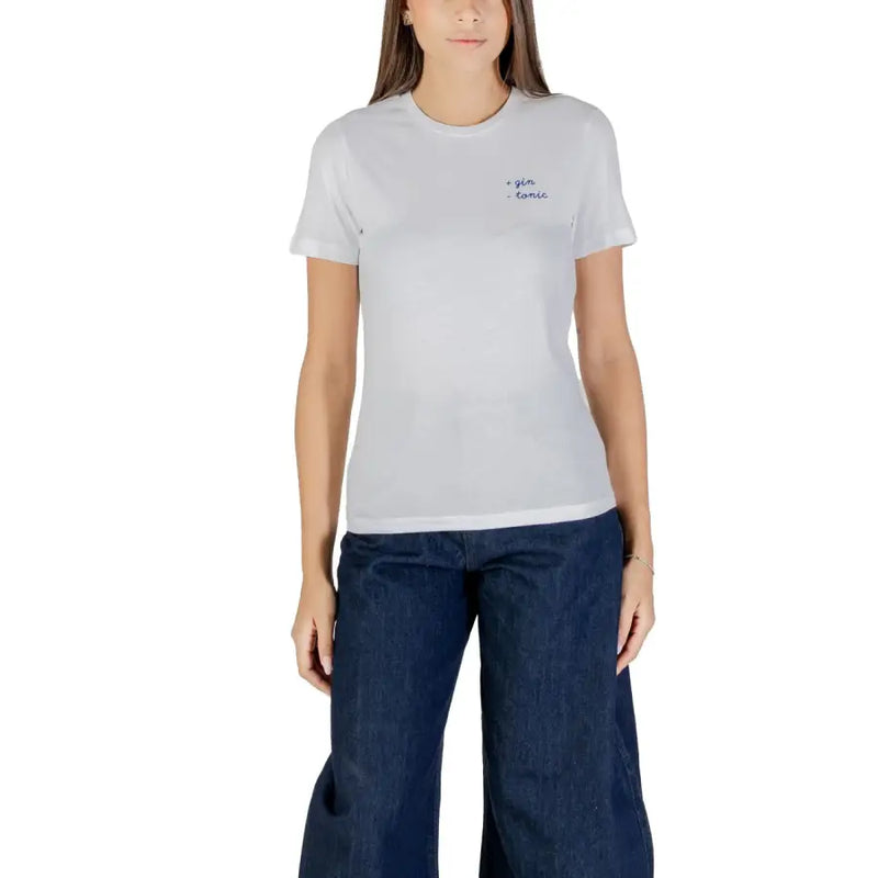 Women’s white cotton short-sleeve round neck T-shirt with blue text and dark blue wide-leg jeans