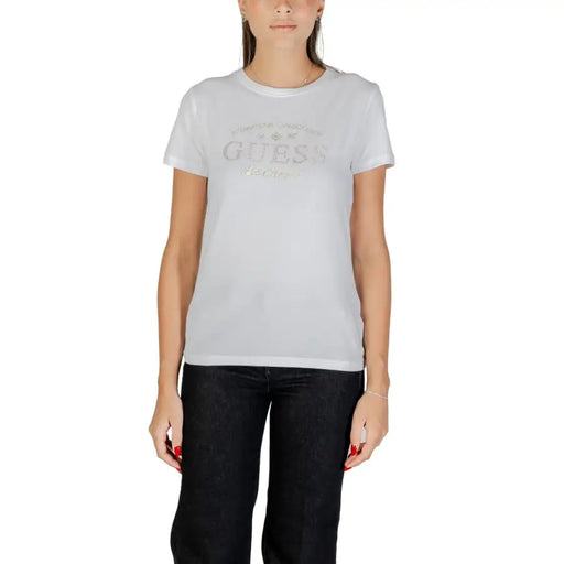Women’s white short-sleeve crew-neck T-shirt with metallic GUESS graphic and rhinestone details