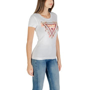 Women’s white cotton elastane short-sleeve T-shirt with floral Guess logo detail