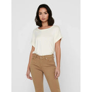 Women white short sleeve viscose blend t-shirt with cream-colored loose fit and rounded neckline