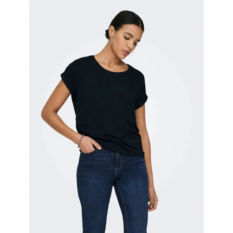 Black short-sleeved top with relaxed fit and rounded neckline made of viscose blend for women