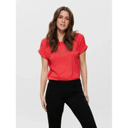 A vibrant coral-colored short-sleeved cotton top with a relaxed fit and rounded neckline for women