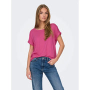 Women’s viscose blend t-shirt in vibrant pink with short sleeves and a relaxed, slightly draped fit