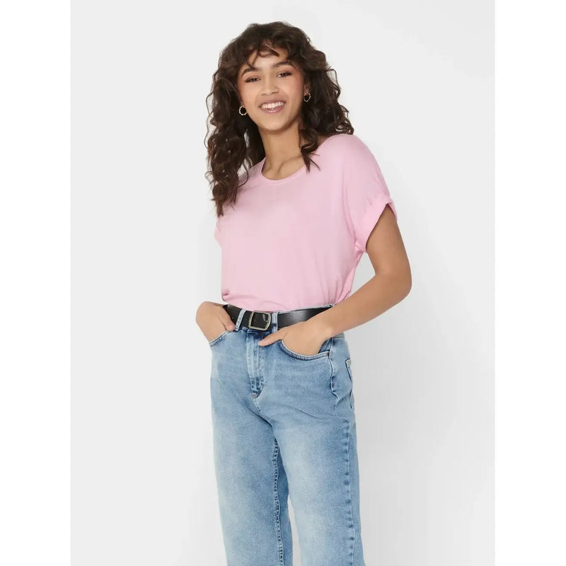 Women’s pink short-sleeved viscose blend t-shirt with round neckline and relaxed fit for casual wear