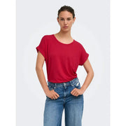 A vibrant red loose-fitting short-sleeved top with rounded neckline in viscose blend fabric for women