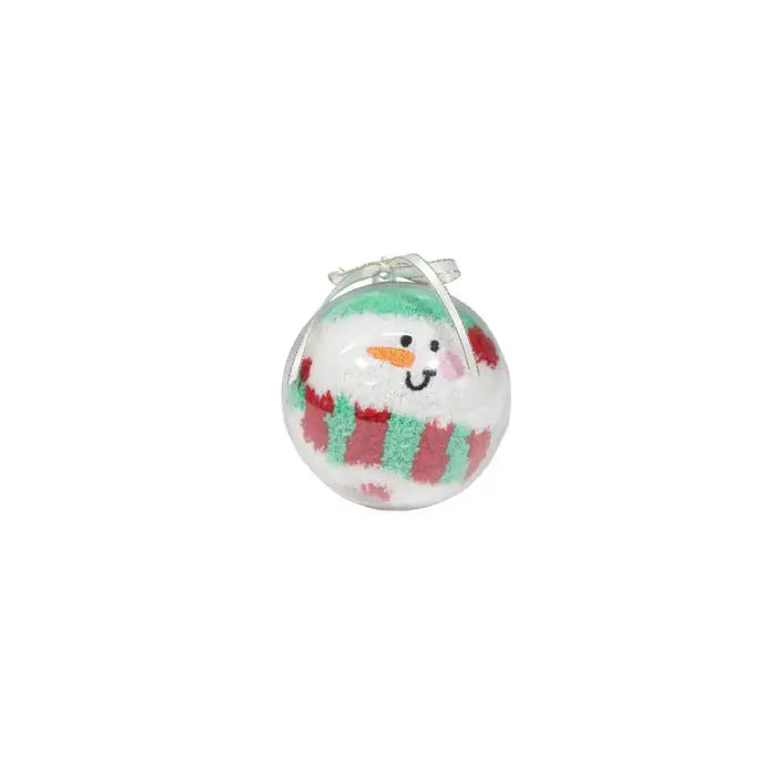 Clear glass Christmas ornament with a snowman and red green stripes design