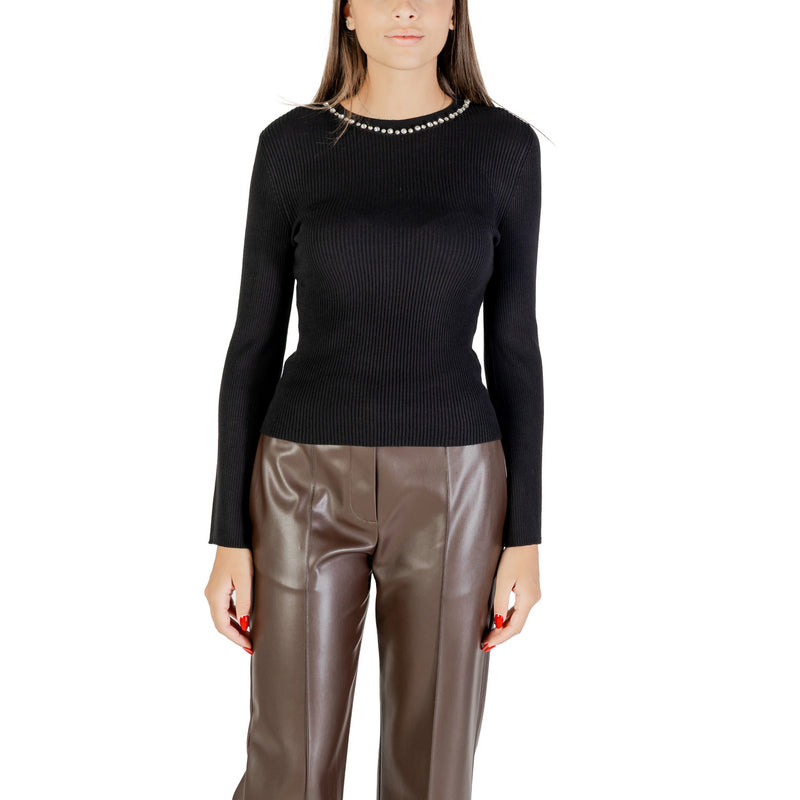 Black Long Round Neck Women Knit Sweater with Rhinestones (Pull noir à col rond pour femmes avec strass)