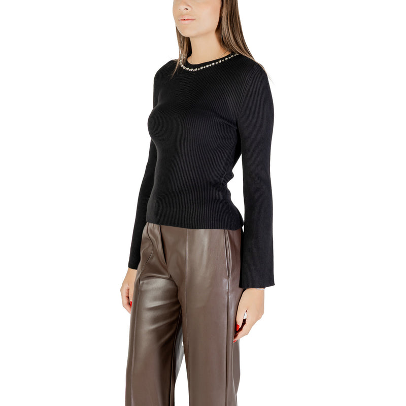 Black Long Round Neck Women Knit Sweater with Rhinestones (Pull noir à col rond pour femmes avec strass)