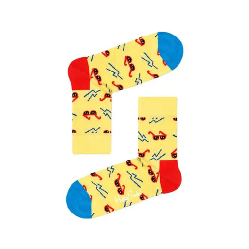 Yellow socks featuring a sunglasses and lightning bolt pattern for stylish footwear