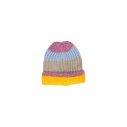 Yellow striped women’s cap for fall and winter made of cozy ribbed knit with dusty pink light blue beige and yellow stripes