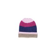 Bonnet tricoté à rayures jaunes pour femme, disponible en rose, magenta, marine et beige, idéal pour l'automne et l'hiver.