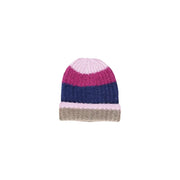 Yellow striped women’s knitted beanie cap in pink, magenta, navy, beige for fall winter