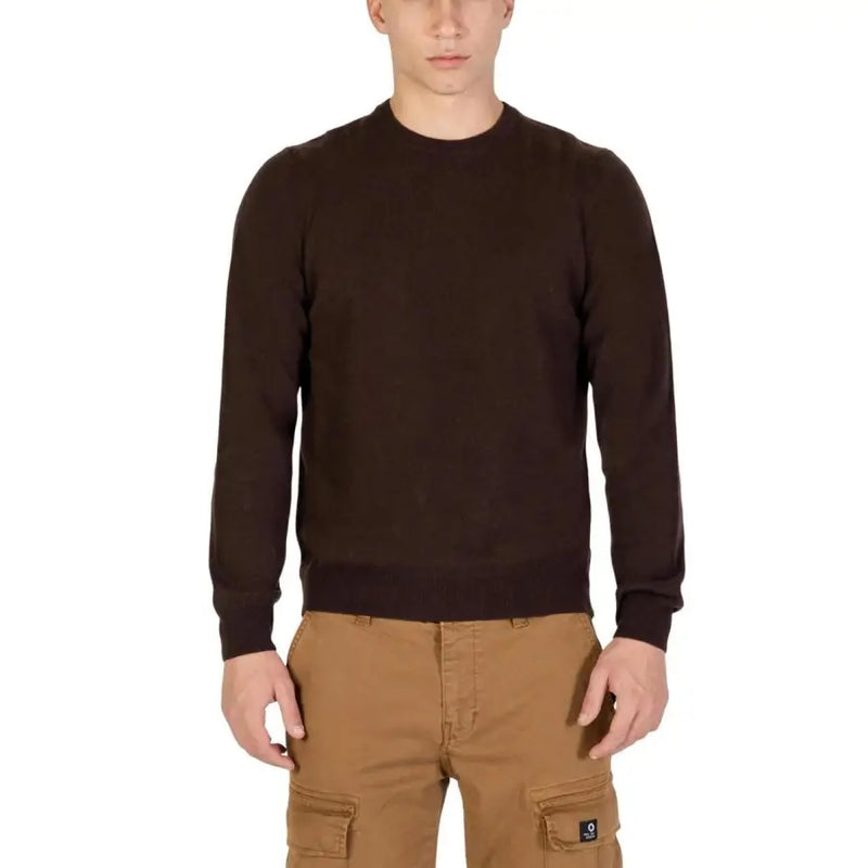 Brown crew neck sweater with black cuffs and waistband, made of cotton or polyester blend.