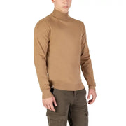 Camel-colored turtleneck sweater with ribbed cuffs and hem, likely made of wool or a similar material.