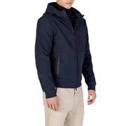 Navy blue zip-up jacket with hood and side pockets, likely made of softshell material.