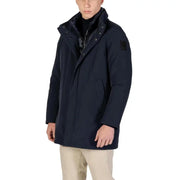 Navy blue down-filled winter coat with black accents and a hood.