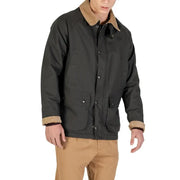 Charcoal gray barbour waxed cotton jacket with tan sherpa lining and button closure.