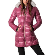 No zone women’s purple long hooded jacket featuring a shiny magenta puffer design with white fur-lined hood and black cuffs